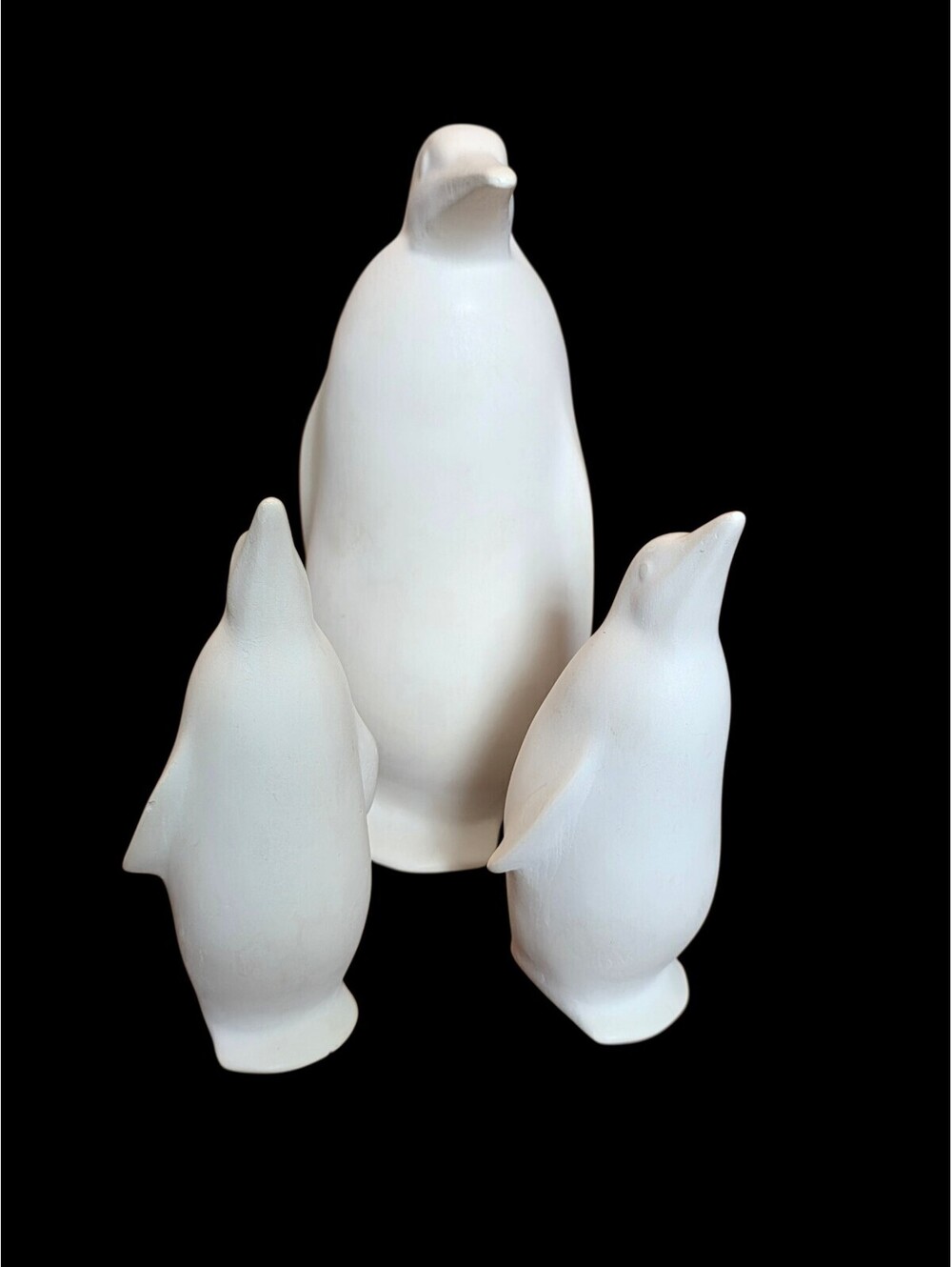 Vintage White Matte Porcelain Penguin Family Set of 3 Figurines Modernist
